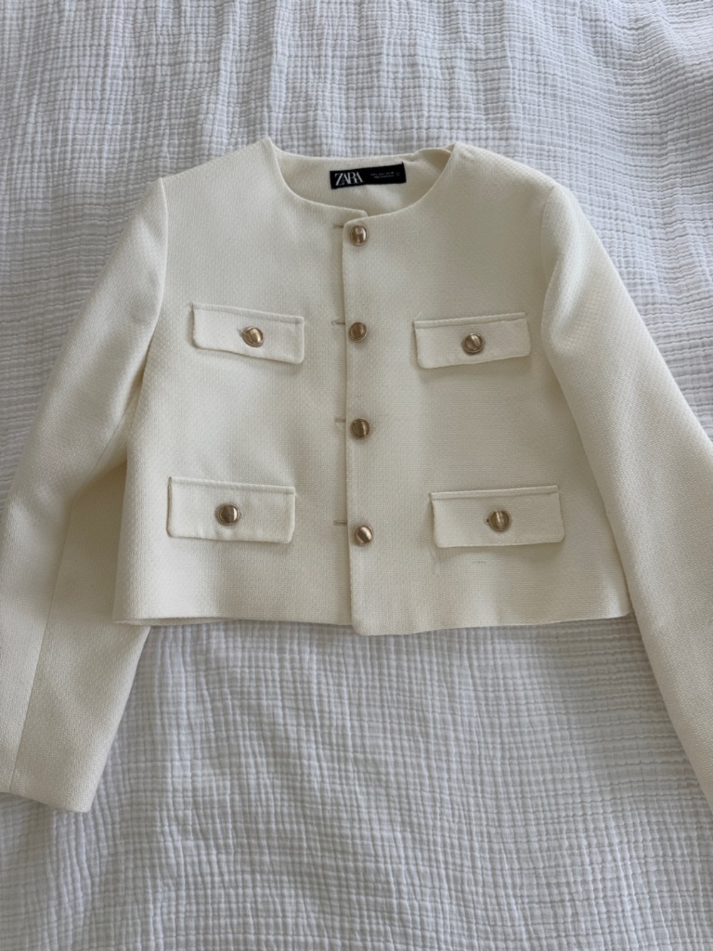 Zara Cream Cropped Tweed Jacket with Gold Buttons